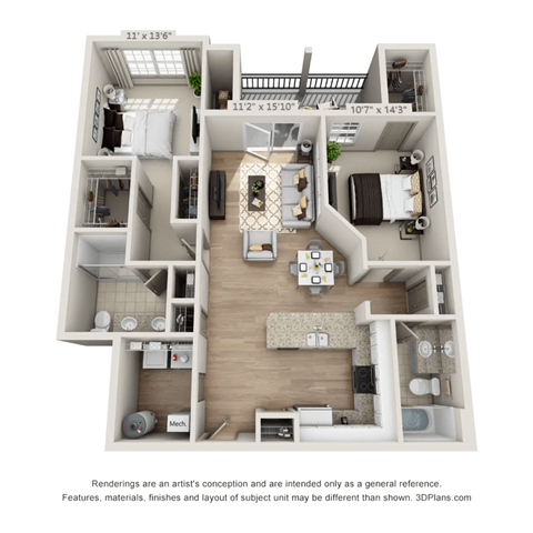 Floor plan for 2 beds, 2 baths, 1166 sqft